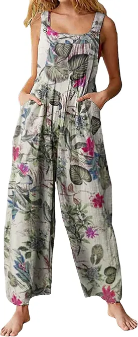 Fiona Jolin Overalls Women Summer Boho Floral Loose Wide Leg Jumpsuits with Pockets Patchwork Bib Overalls