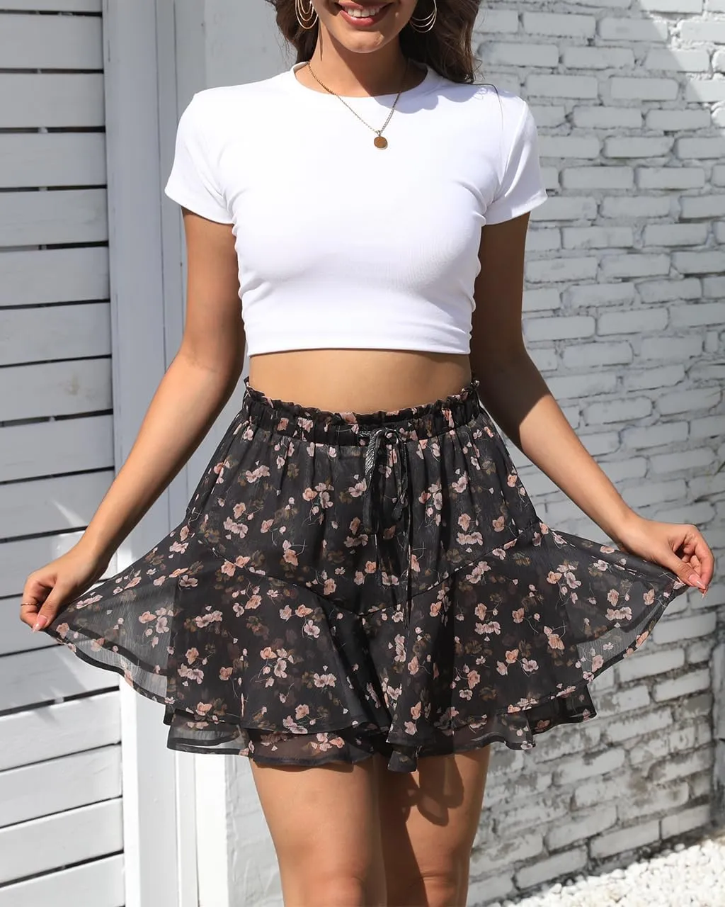 Flowy Shorts for Women Casual Boho Floral Skorts Ruffle Mini Skirts Running Tennis Butterfly Chiffon Shorts