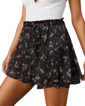 Flowy Shorts for Women Casual Boho Floral Skorts Ruffle Mini Skirts Running Tennis Butterfly Chiffon Shorts