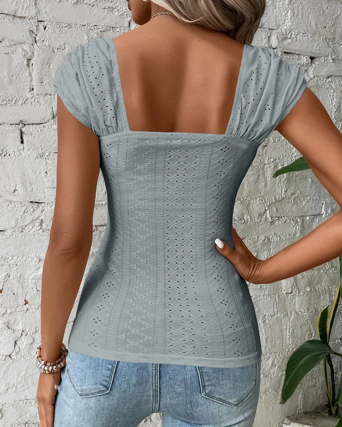 FSHAOES Womens Square Neck Tank Tops Cute Eyelet Cap Sleeve Tee Going Out Slim Fit Backless Shirts
