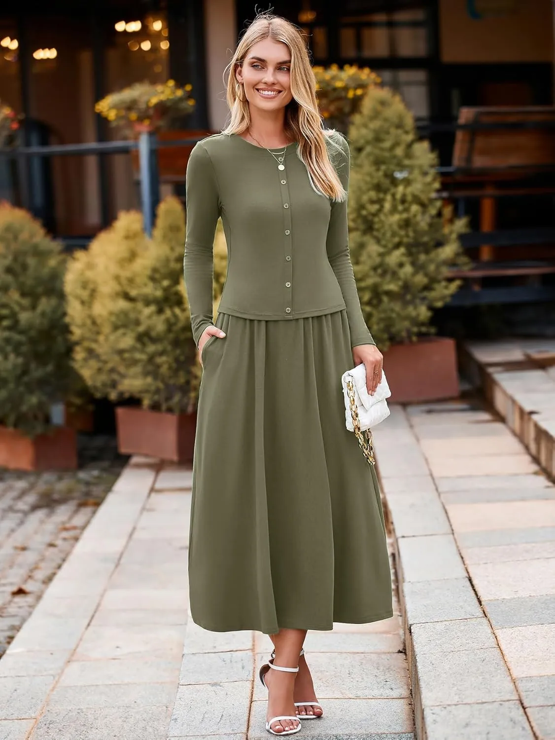 Glamaker Women's 2 Piece Skirt Sets Long Sleeve Casual Outfits Top Maxi Skirt Knit Dresses Matching Sets with Pockets