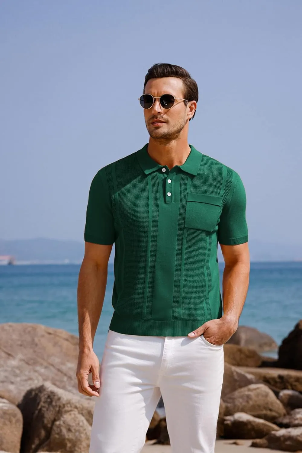 GRACE KARIN Men's Knit Polo Shirts Short Sleeve Texture Lightweight Golf Shirts Sweater