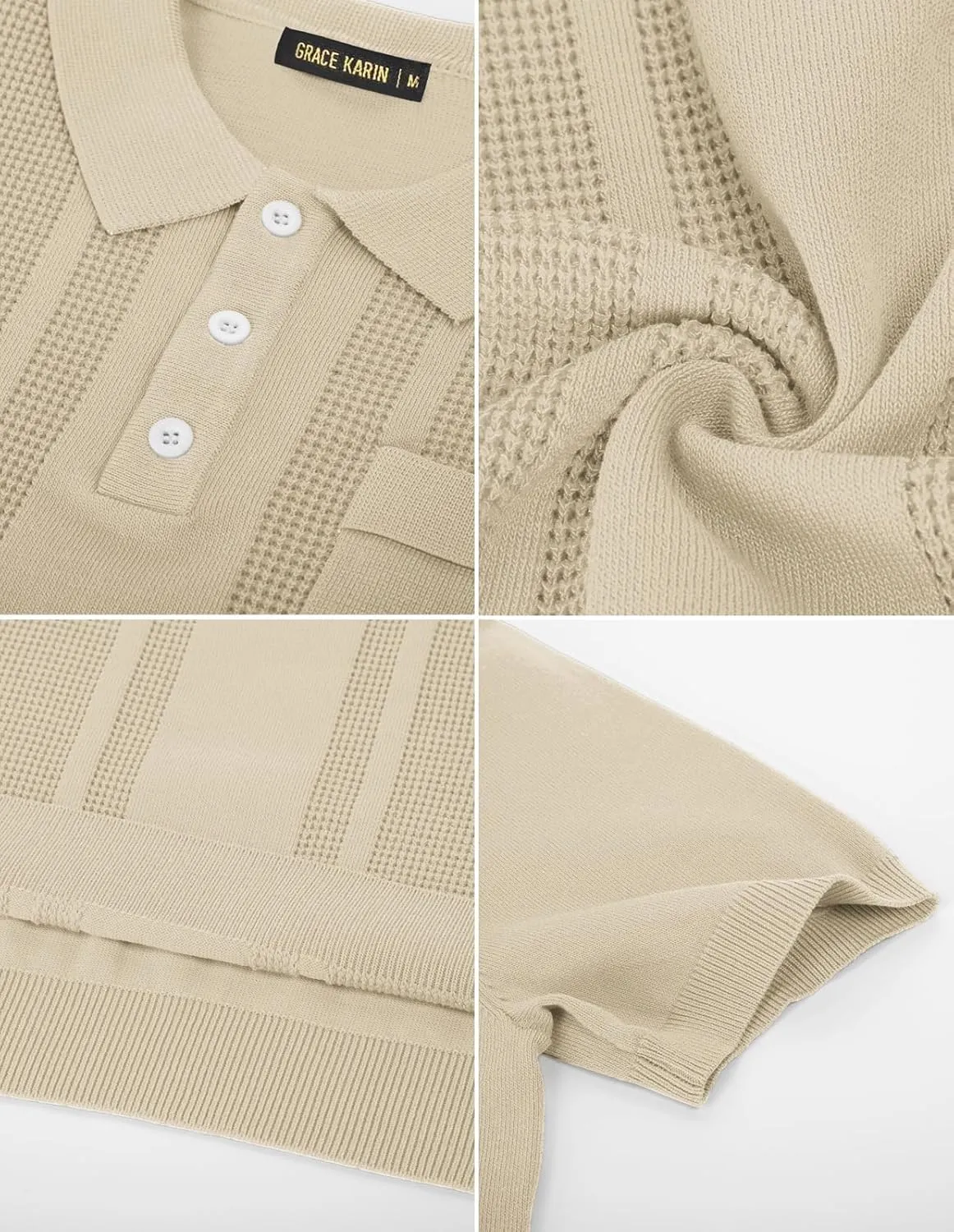 GRACE KARIN Men's Knit Polo Shirts Short Sleeve Texture Lightweight Golf Shirts Sweater