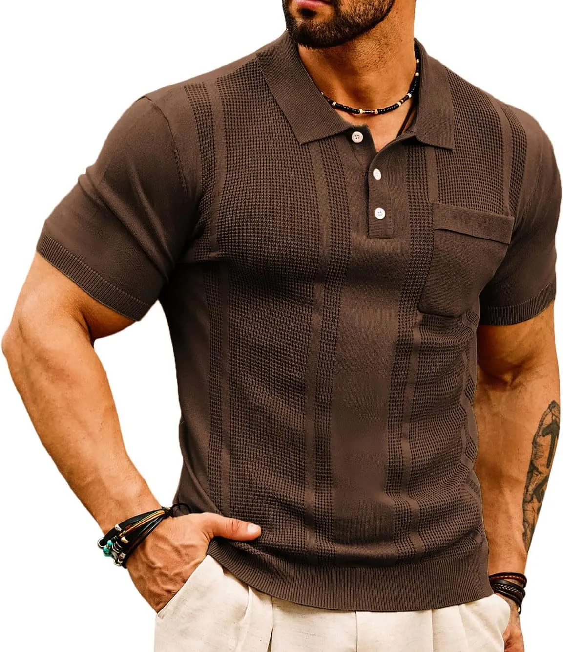 GRACE KARIN Men's Knit Polo Shirts Short Sleeve Texture Lightweight Golf Shirts Sweater
