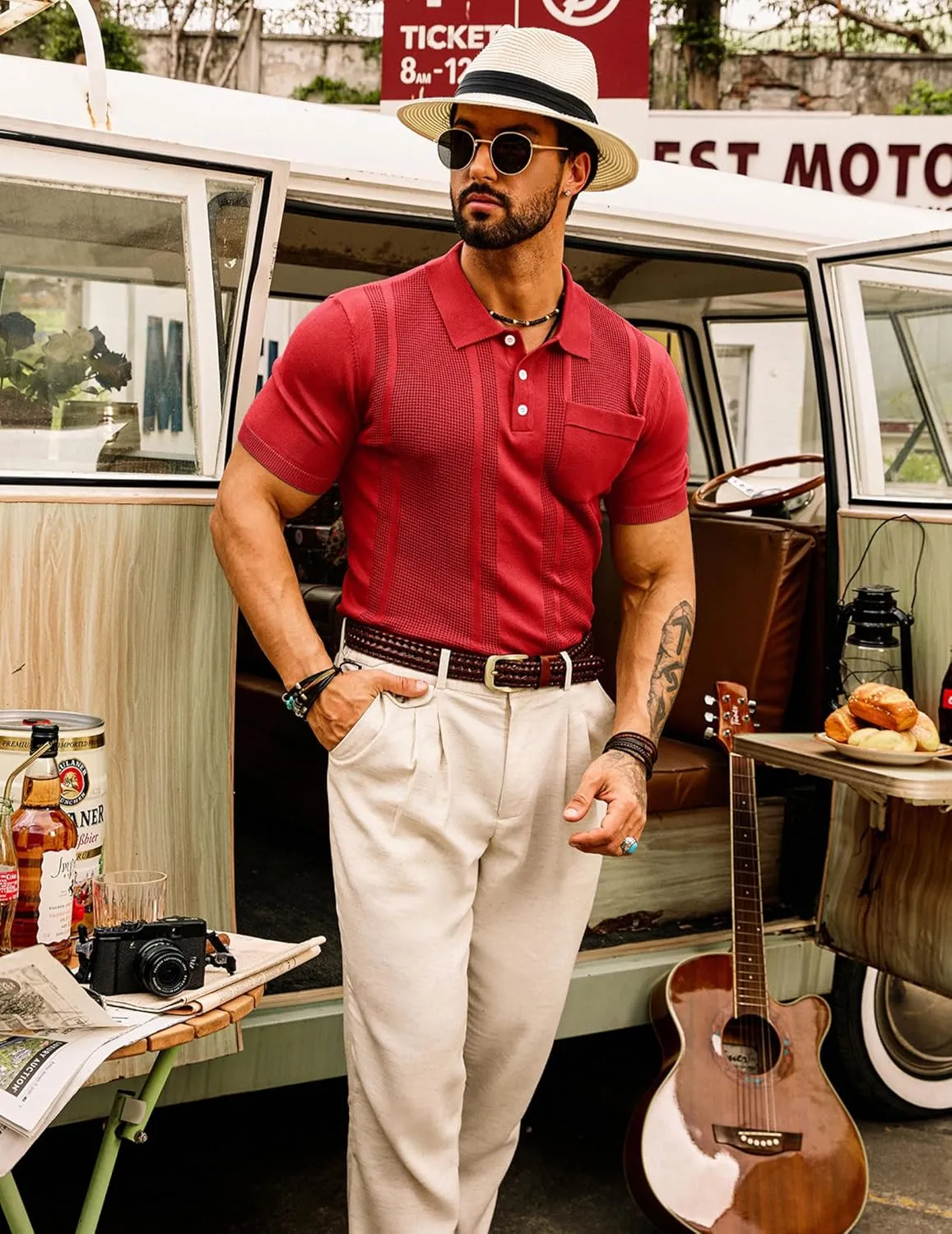 GRACE KARIN Men's Knit Polo Shirts Short Sleeve Texture Lightweight Golf Shirts Sweater