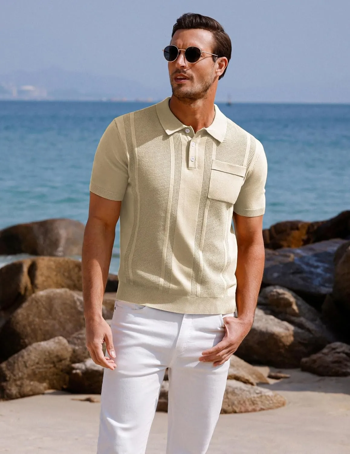 GRACE KARIN Men's Knit Polo Shirts Short Sleeve Texture Lightweight Golf Shirts Sweater