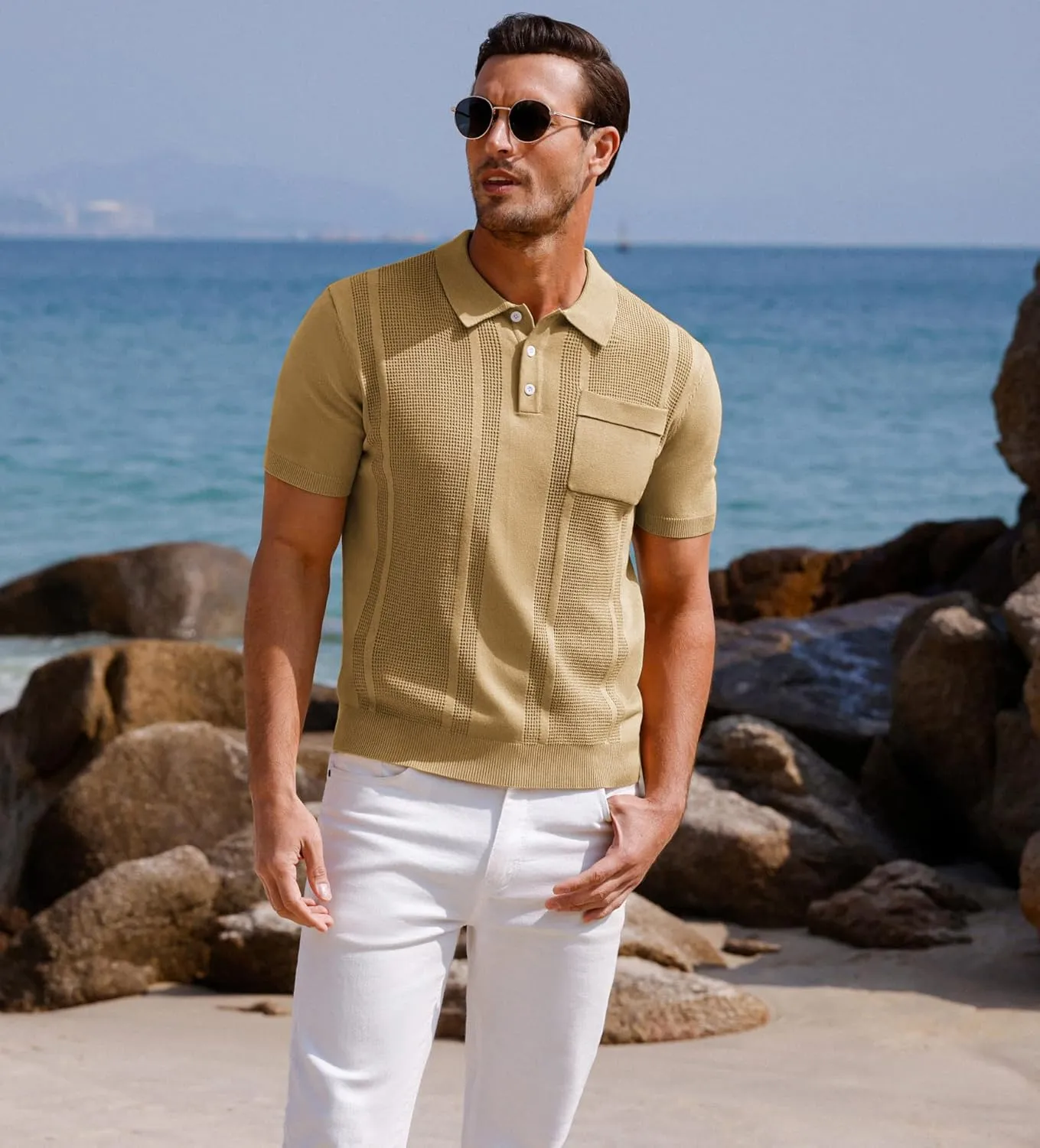 GRACE KARIN Men's Knit Polo Shirts Short Sleeve Texture Lightweight Golf Shirts Sweater