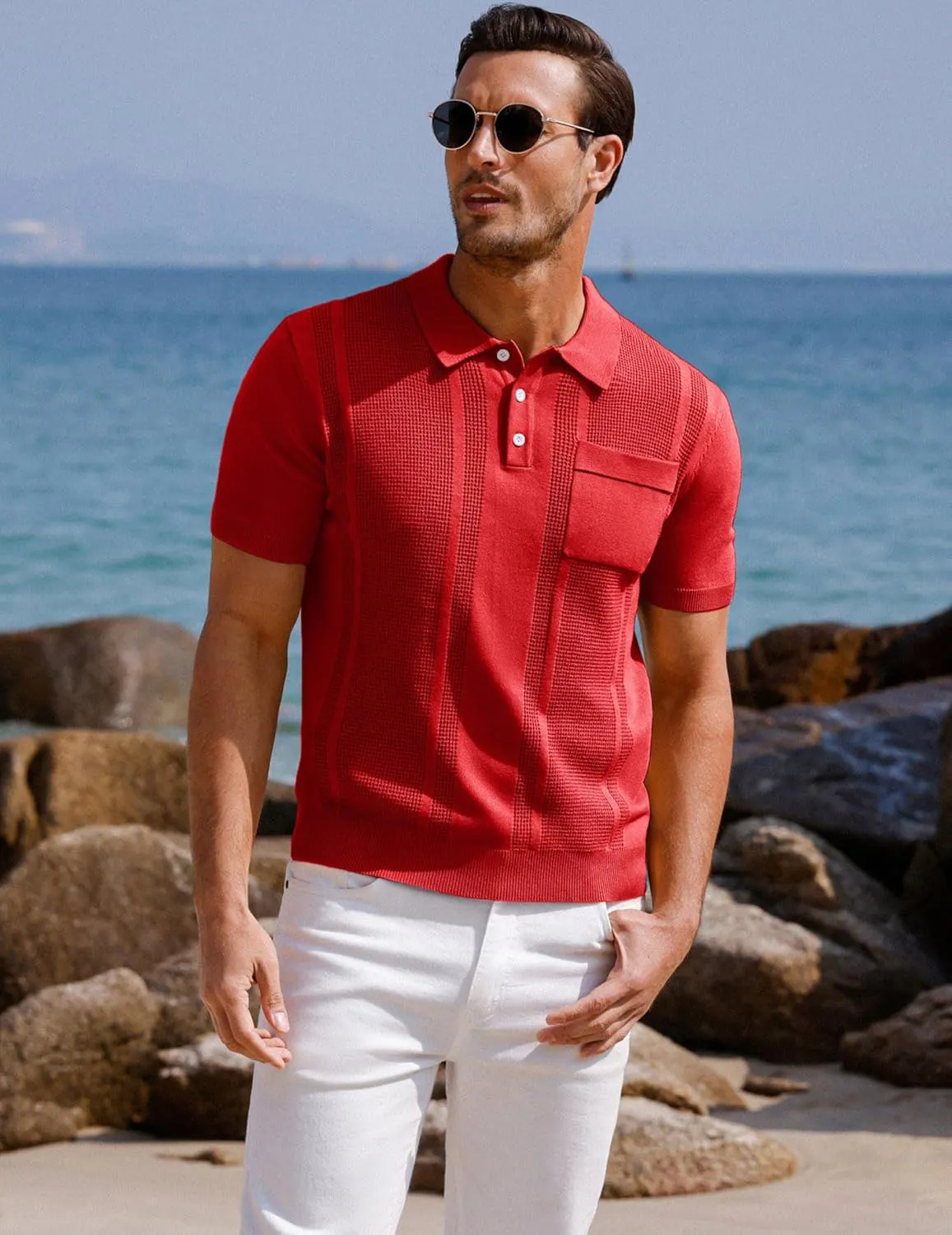 GRACE KARIN Men's Knit Polo Shirts Short Sleeve Texture Lightweight Golf Shirts Sweater