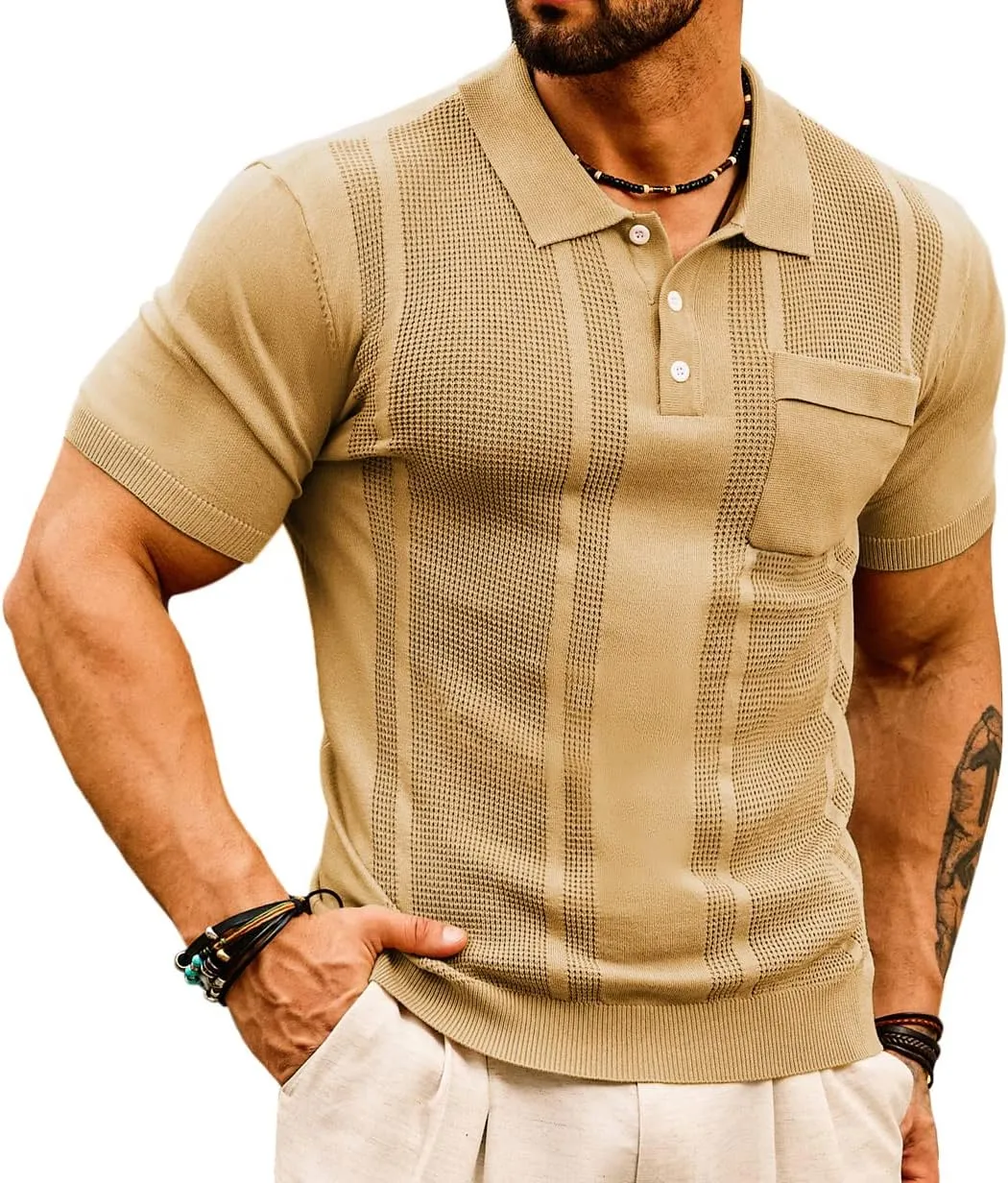 GRACE KARIN Men's Knit Polo Shirts Short Sleeve Texture Lightweight Golf Shirts Sweater
