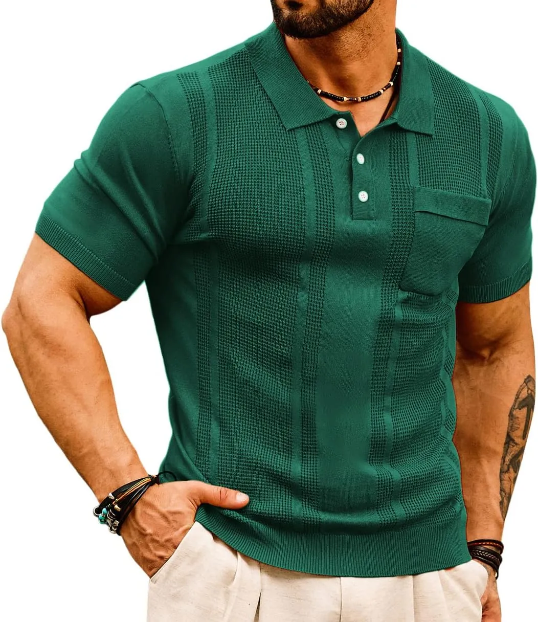 GRACE KARIN Men's Knit Polo Shirts Short Sleeve Texture Lightweight Golf Shirts Sweater