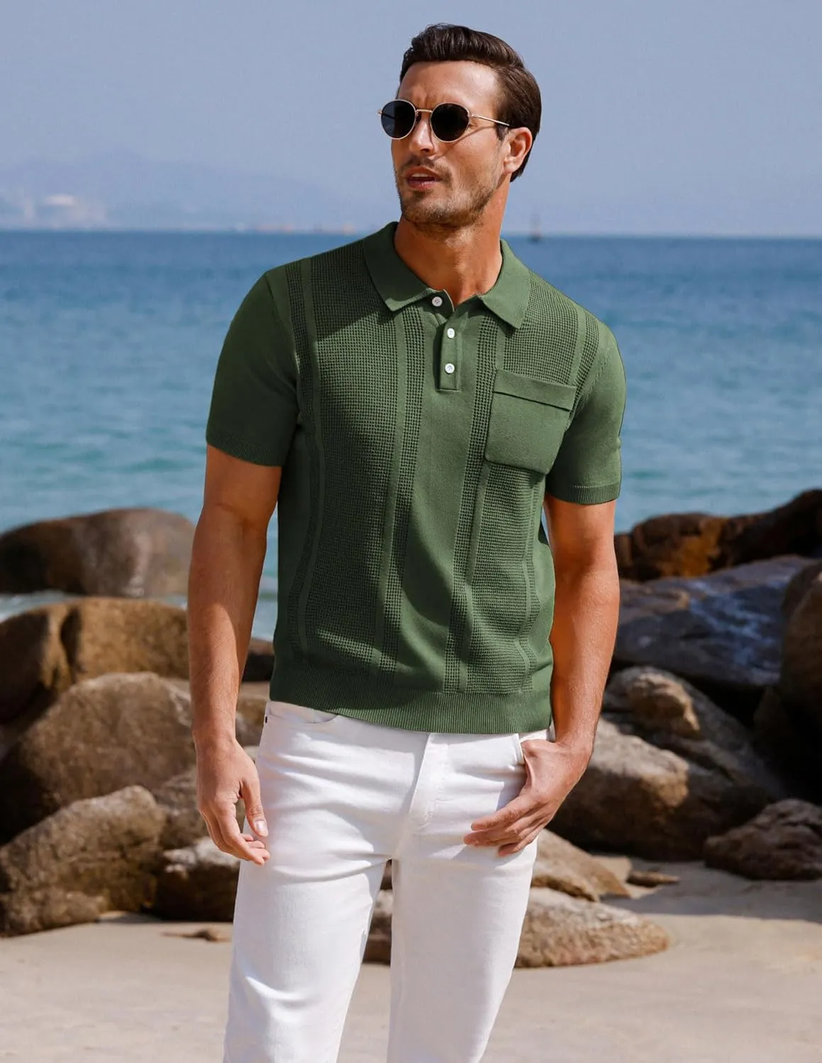 GRACE KARIN Men's Knit Polo Shirts Short Sleeve Texture Lightweight Golf Shirts Sweater