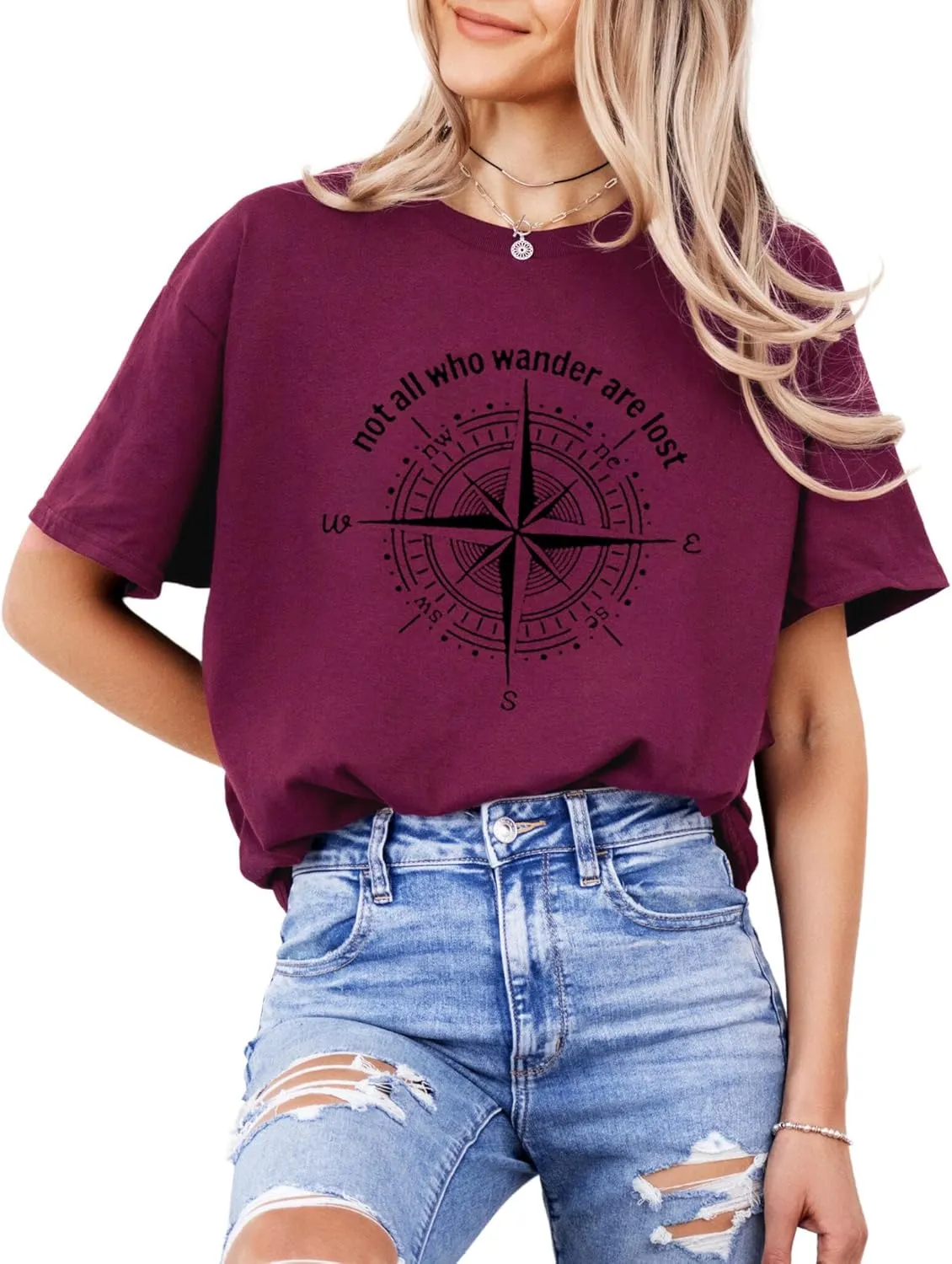 Graphic T-Shirts for Women Hiking Camping Trip Compass Printed Vintage Summer Casual Tees Holiday Workout Tops