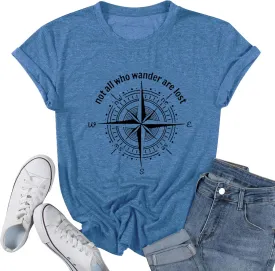 Graphic T-Shirts for Women Hiking Camping Trip Compass Printed Vintage Summer Casual Tees Holiday Workout Tops