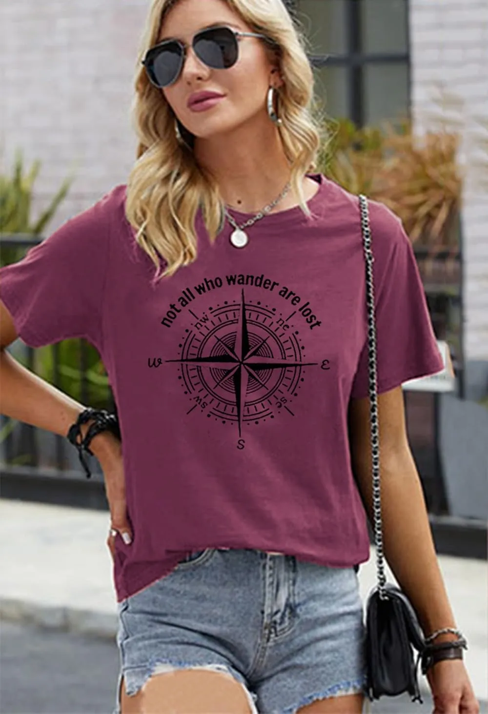 Graphic T-Shirts for Women Hiking Camping Trip Compass Printed Vintage Summer Casual Tees Holiday Workout Tops