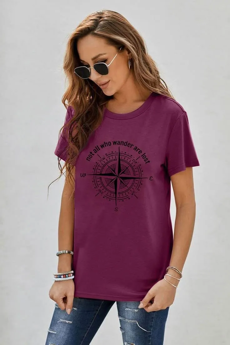 Graphic T-Shirts for Women Hiking Camping Trip Compass Printed Vintage Summer Casual Tees Holiday Workout Tops