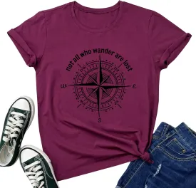 Graphic T-Shirts for Women Hiking Camping Trip Compass Printed Vintage Summer Casual Tees Holiday Workout Tops
