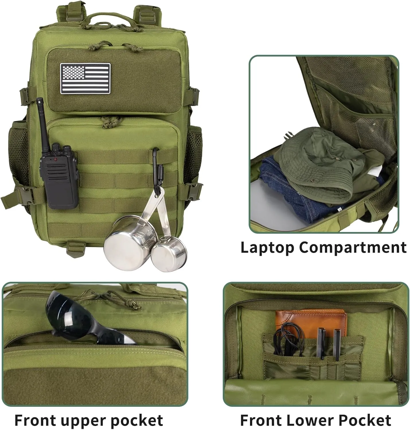 Green 25L Military Tactical Backpack for Travel Hiking, Backpack for Men with Bottle Holder, Small Laptop Backpack for Work, Men's Assault Bag Back Pack