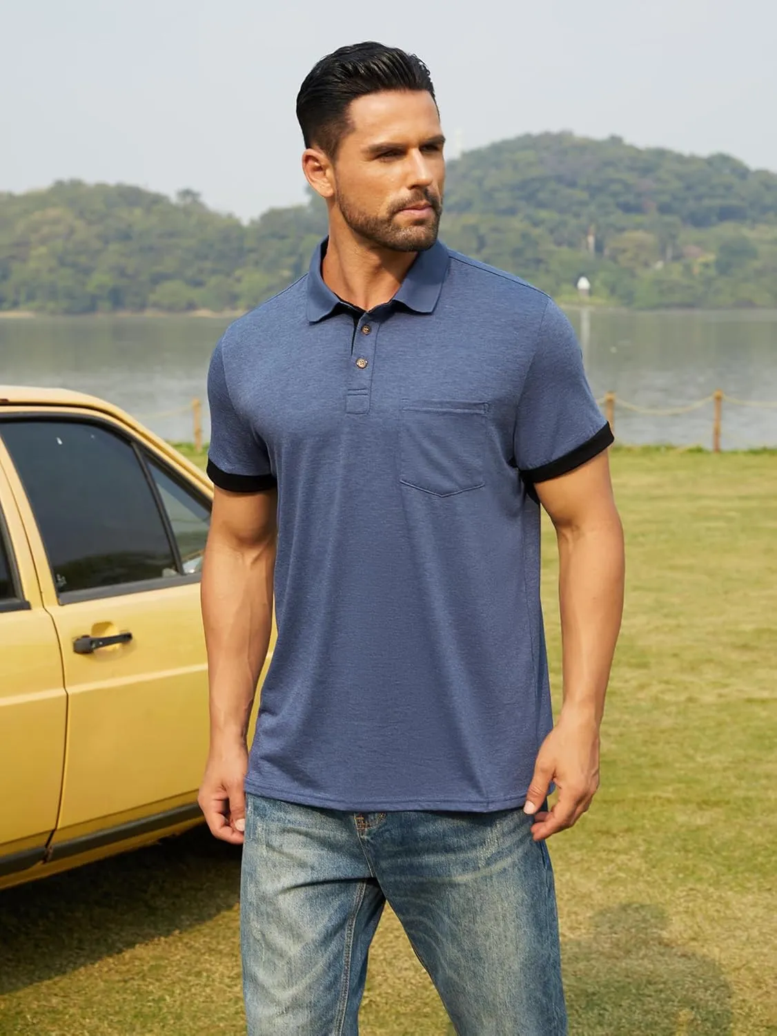 Hardaddy Men's Casual Polo Shirt with Pocket Contrast Color Short Sleeve Business Work Shirts Summer Tees Top Shirt