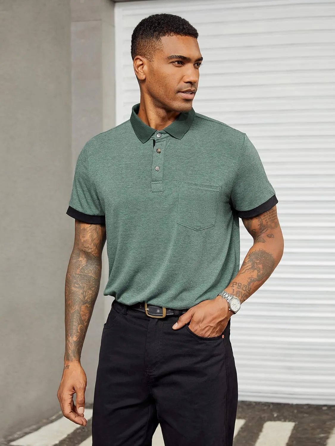 Hardaddy Men's Casual Polo Shirt with Pocket Contrast Color Short Sleeve Business Work Shirts Summer Tees Top Shirt