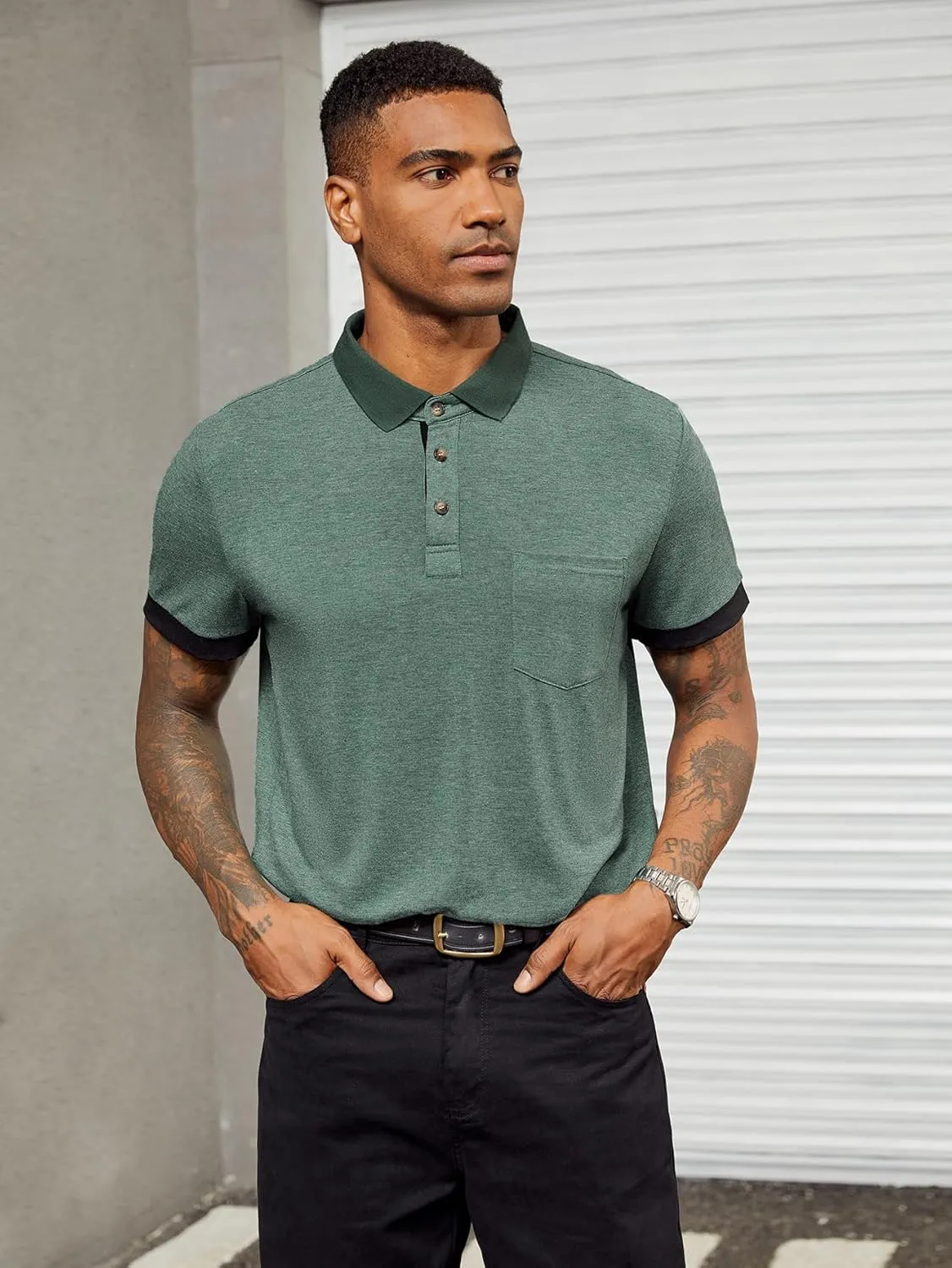 Hardaddy Men's Casual Polo Shirt with Pocket Contrast Color Short Sleeve Business Work Shirts Summer Tees Top Shirt