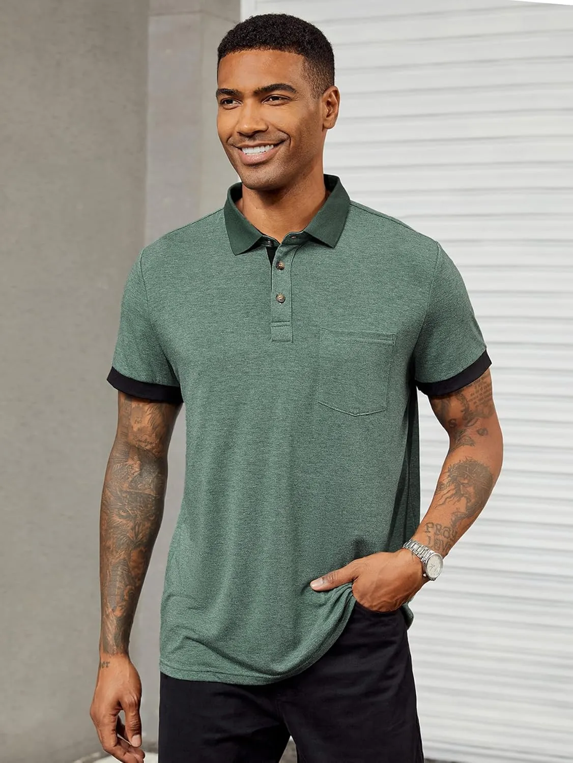 Hardaddy Men's Casual Polo Shirt with Pocket Contrast Color Short Sleeve Business Work Shirts Summer Tees Top Shirt