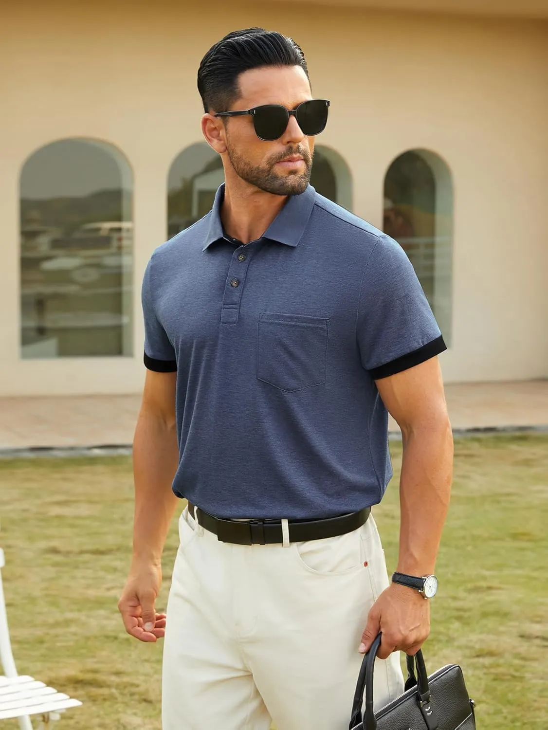 Hardaddy Men's Casual Polo Shirt with Pocket Contrast Color Short Sleeve Business Work Shirts Summer Tees Top Shirt