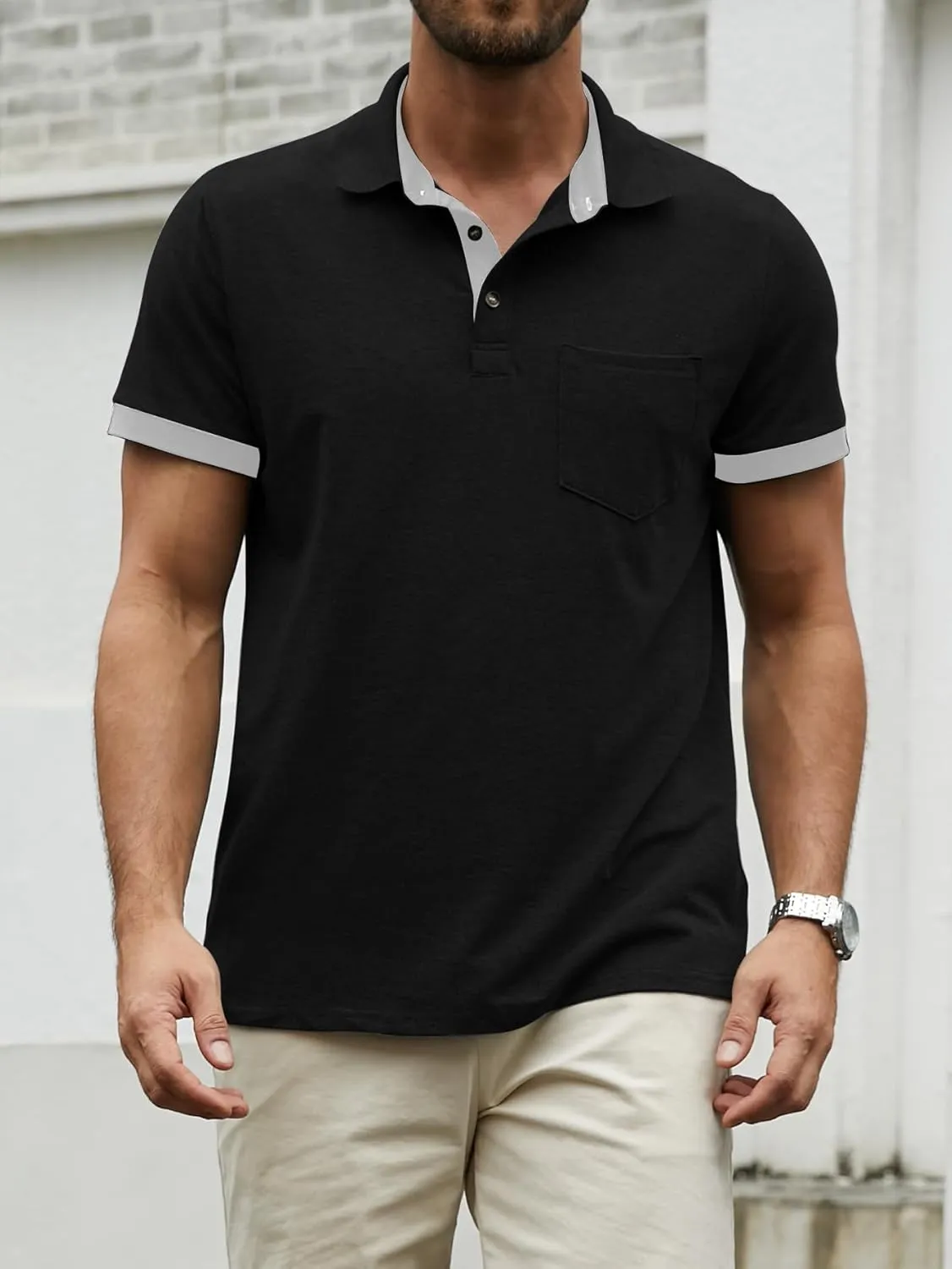 Hardaddy Men's Casual Polo Shirt with Pocket Contrast Color Short Sleeve Business Work Shirts Summer Tees Top Shirt