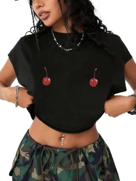 Hilinker Women's Graphic Cap Sleeve Crop Tops Cute Summer Loose Fit Crew Neck T Shirts