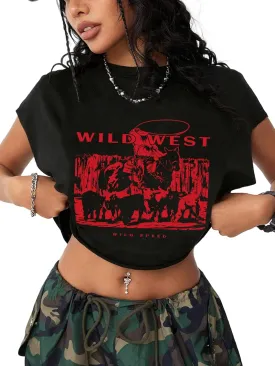 Hilinker Women's Graphic Cap Sleeve Crop Tops Cute Summer Loose Fit Crew Neck T Shirts