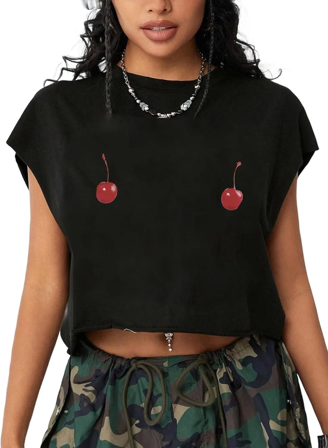 Hilinker Women's Graphic Cap Sleeve Crop Tops Cute Summer Loose Fit Crew Neck T Shirts