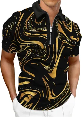 Hodaweisolp Men's Short Sleeve Zipper Casual Slim Fit Printed Golf Polo Shirt Tops