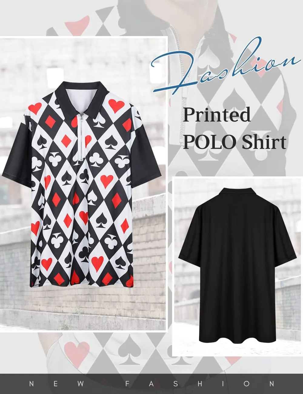 Hodaweisolp Men's Short Sleeve Zipper Casual Slim Fit Printed Golf Polo Shirt Tops