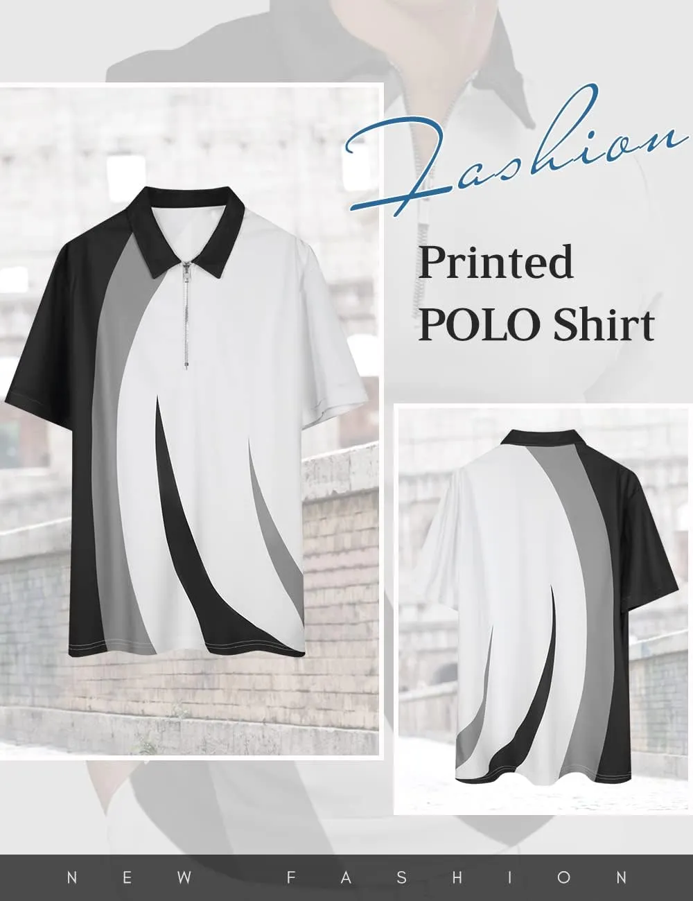 Hodaweisolp Men's Short Sleeve Zipper Casual Slim Fit Printed Golf Polo Shirt Tops