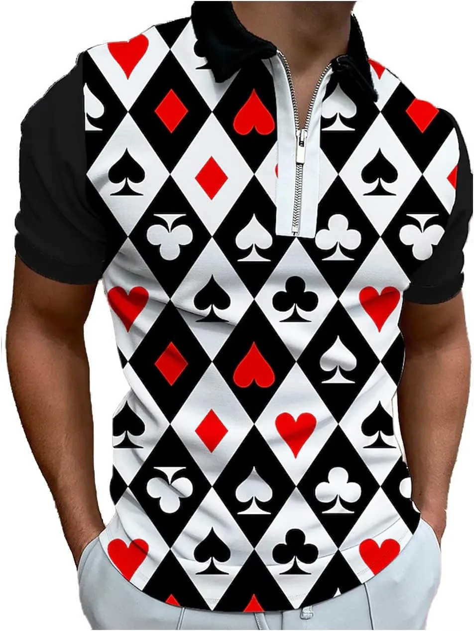 Hodaweisolp Men's Short Sleeve Zipper Casual Slim Fit Printed Golf Polo Shirt Tops