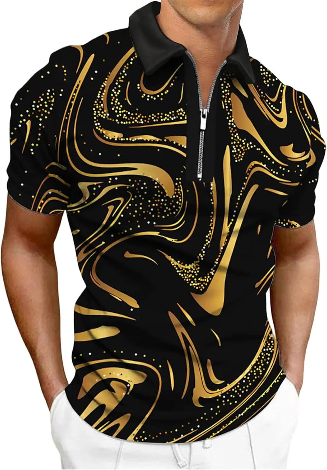 Hodaweisolp Men's Short Sleeve Zipper Casual Slim Fit Printed Golf Polo Shirt Tops