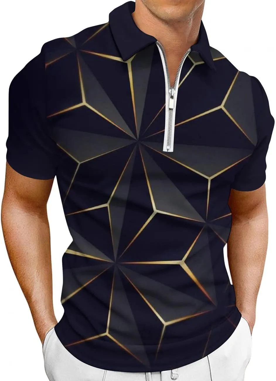 Hodaweisolp Men's Short Sleeve Zipper Casual Slim Fit Printed Golf Polo Shirt Tops