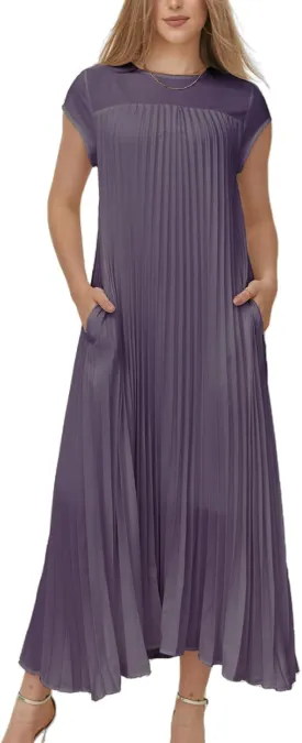 HOULENGS Women's 2025 Casual Short Sleeve Pleated Maxi Dress Loose Fit Crewneck Flowy Long Dress with Pockets