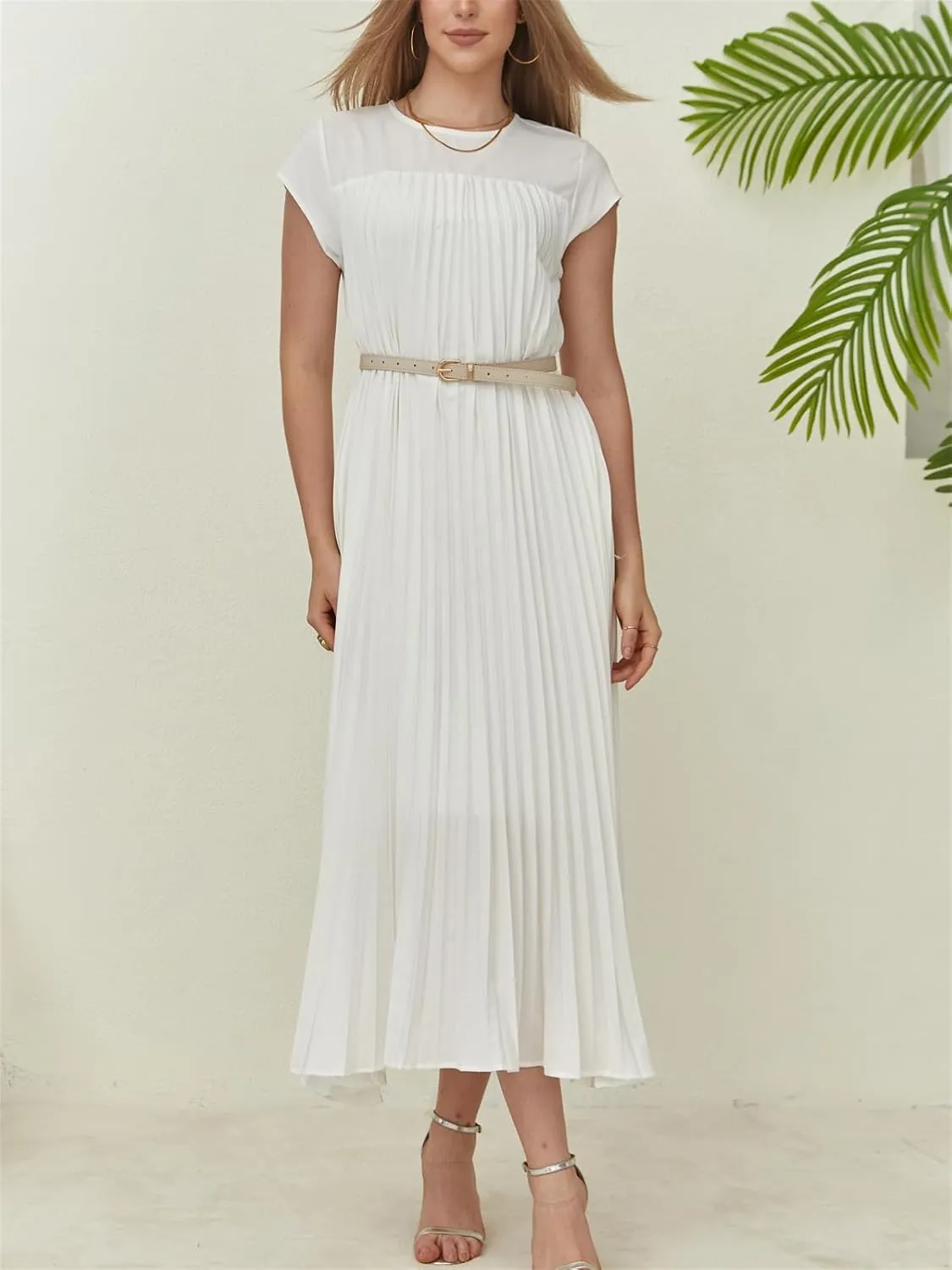 HOULENGS Women's 2025 Casual Short Sleeve Pleated Maxi Dress Loose Fit Crewneck Flowy Long Dress with Pockets