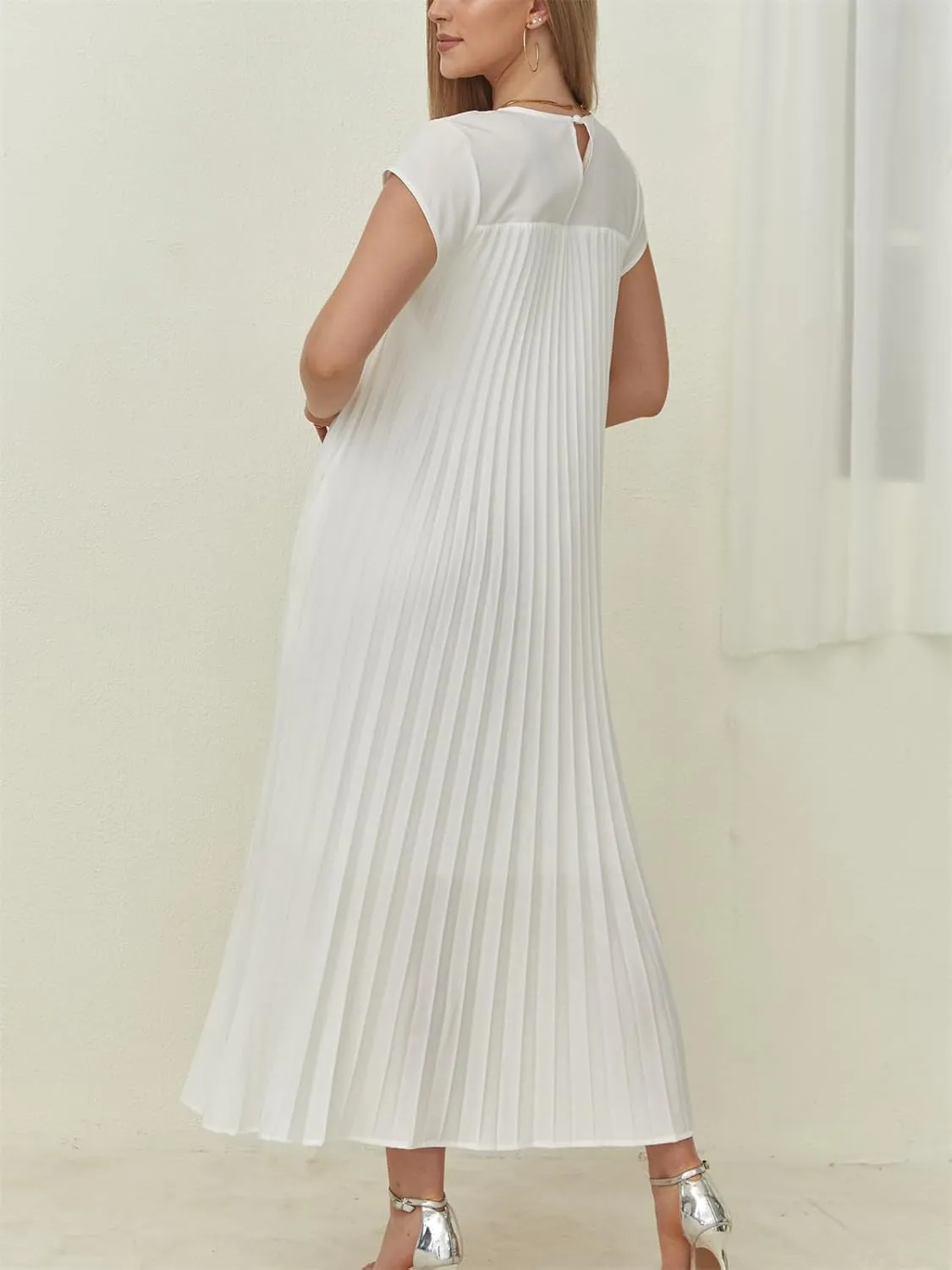 HOULENGS Women's 2025 Casual Short Sleeve Pleated Maxi Dress Loose Fit Crewneck Flowy Long Dress with Pockets