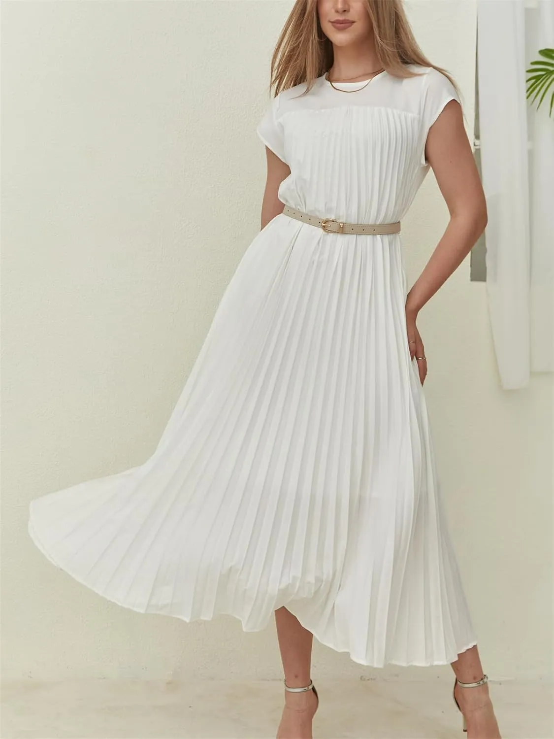 HOULENGS Women's 2025 Casual Short Sleeve Pleated Maxi Dress Loose Fit Crewneck Flowy Long Dress with Pockets
