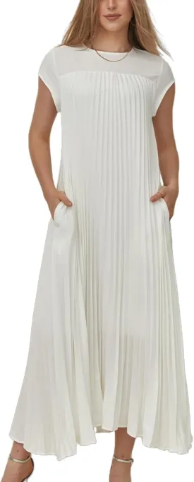 HOULENGS Women's 2025 Casual Short Sleeve Pleated Maxi Dress Loose Fit Crewneck Flowy Long Dress with Pockets