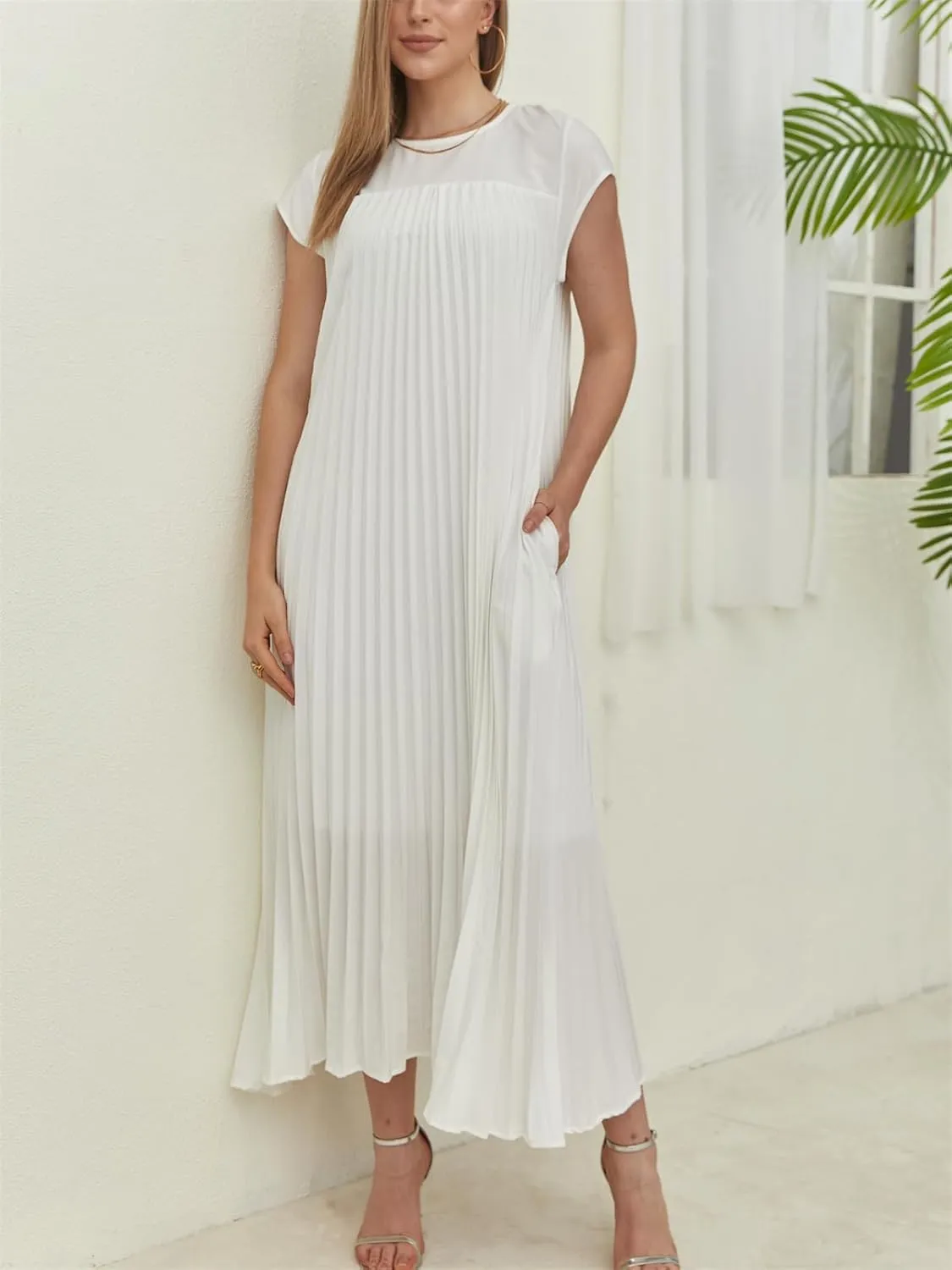 HOULENGS Women's 2025 Casual Short Sleeve Pleated Maxi Dress Loose Fit Crewneck Flowy Long Dress with Pockets