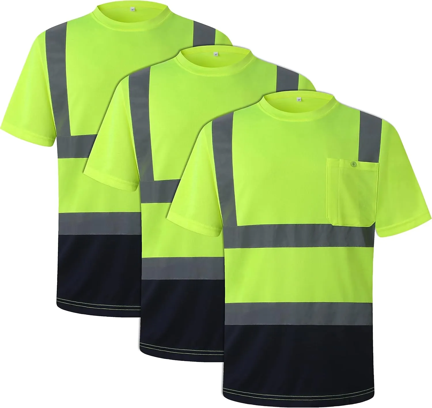 JKSafety 3 Pack Hi-Vis Reflective Safety Apparel | Daily Work T-Shirt Yellow Navy with Sewed Retro-Reflective Strips | ANSI Compliance (77-3P-YNavy, M)