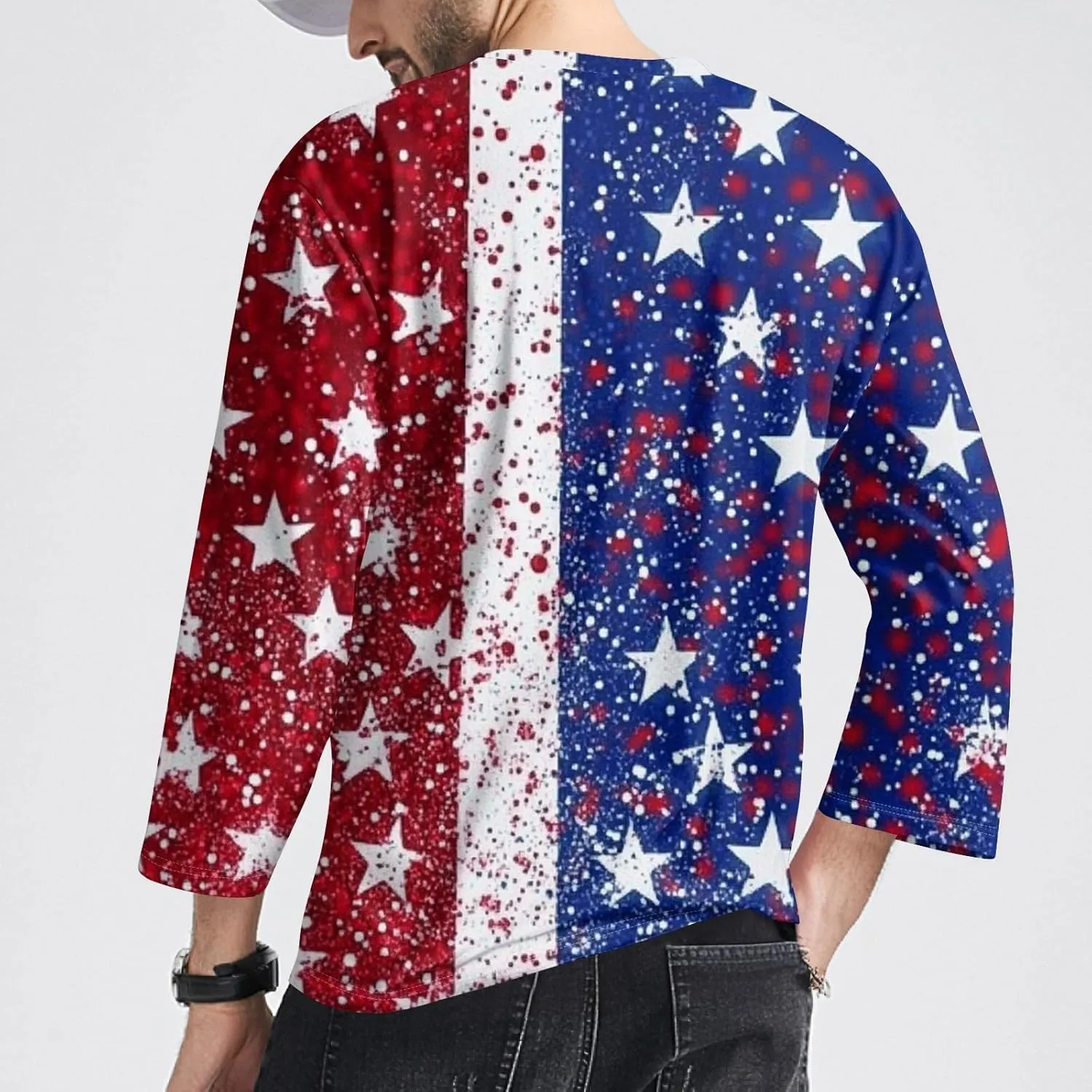 July 4th Shirts for Men Men's Casual Crewneck 3/4 Sleeve Shirts Cotton Hawaiian Summer Tops Basic Pullover Workout Tees
