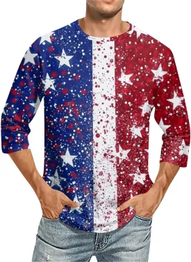 July 4th Shirts for Men Men's Casual Crewneck 3/4 Sleeve Shirts Cotton Hawaiian Summer Tops Basic Pullover Workout Tees