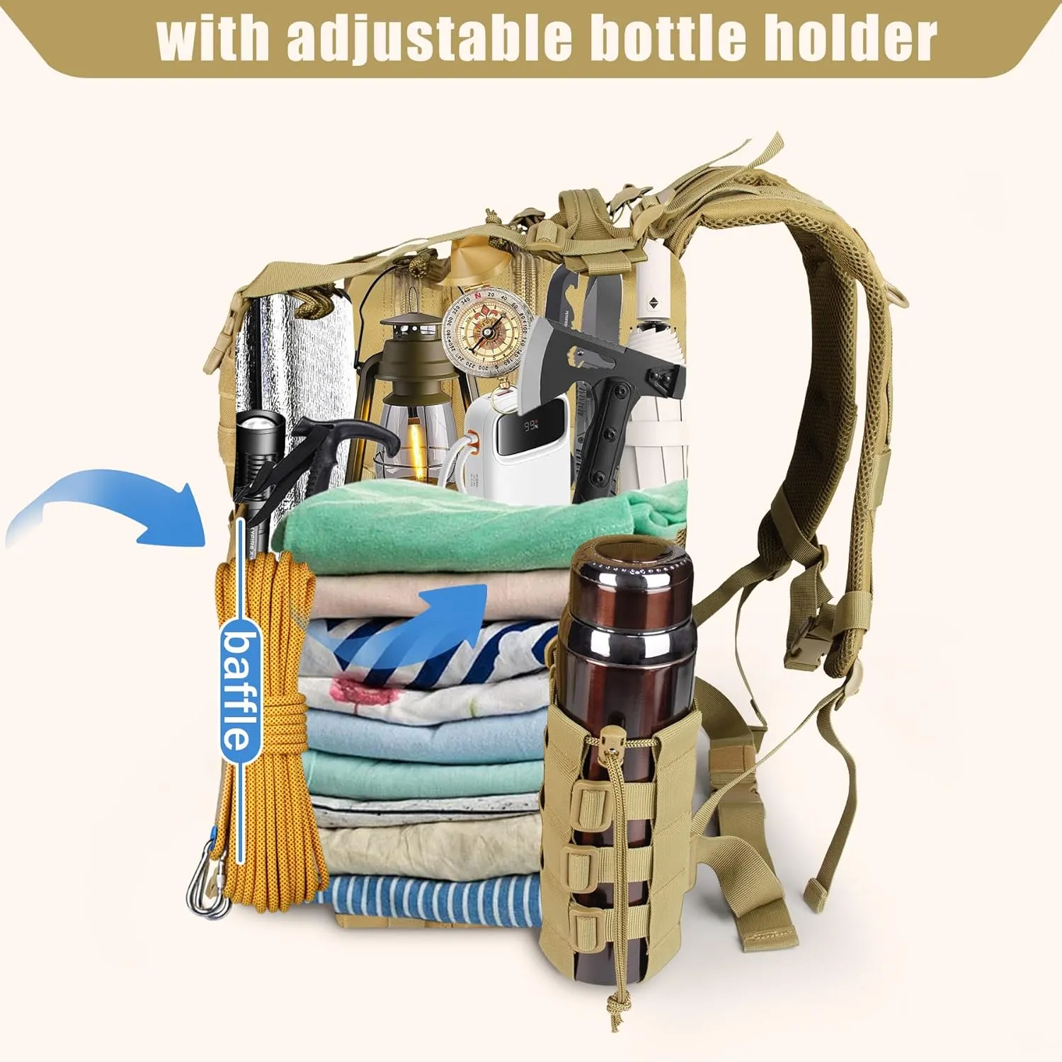 Khaki 45L Large Military Tactical Backpack for Men，Travel Hiking Backpack with Bottle Holder, Laptop Backpack for Work, Men's Assault Bag Back Pack