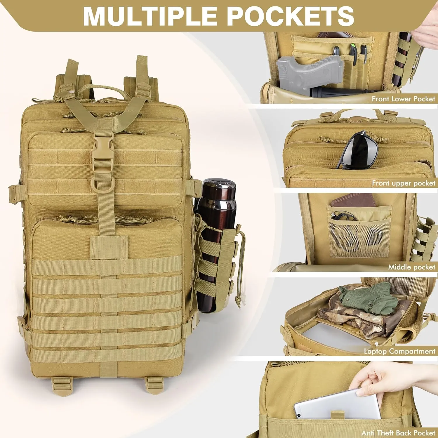 Khaki 45L Large Military Tactical Backpack for Men，Travel Hiking Backpack with Bottle Holder, Laptop Backpack for Work, Men's Assault Bag Back Pack