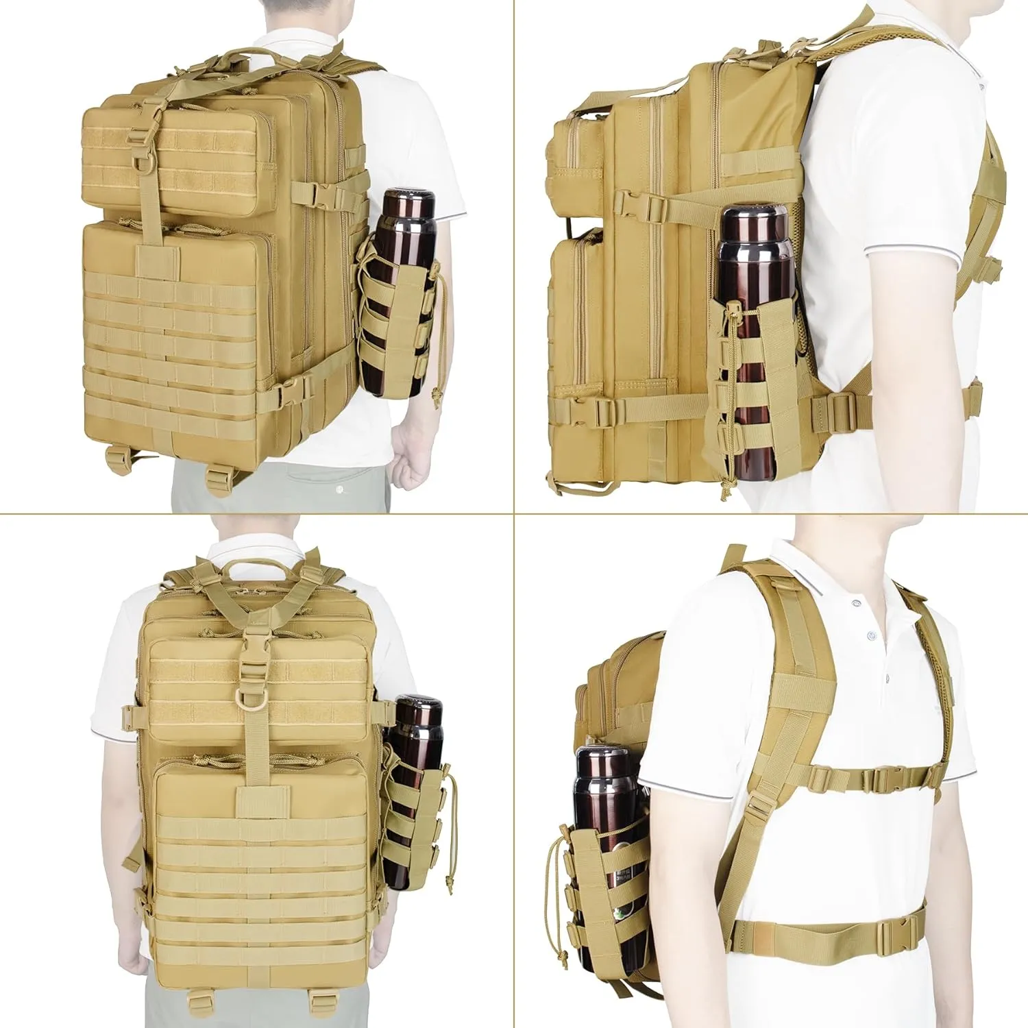 Khaki 45L Large Military Tactical Backpack for Men，Travel Hiking Backpack with Bottle Holder, Laptop Backpack for Work, Men's Assault Bag Back Pack