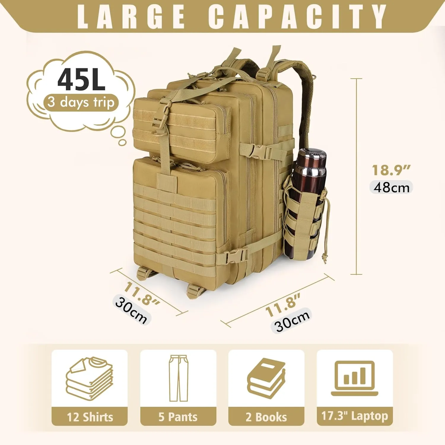 Khaki 45L Large Military Tactical Backpack for Men，Travel Hiking Backpack with Bottle Holder, Laptop Backpack for Work, Men's Assault Bag Back Pack