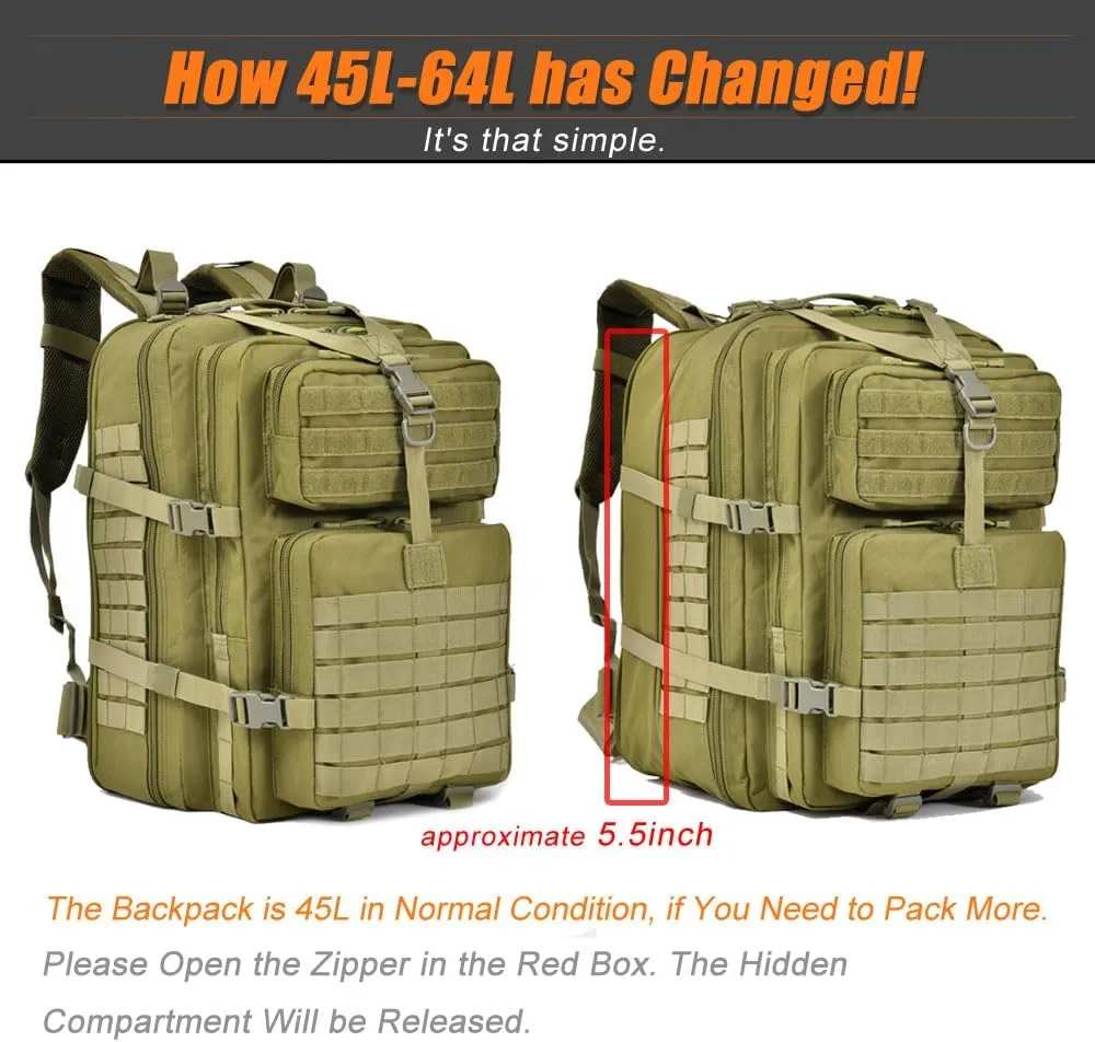 Large Tactical Backpack, Military Backpack, Molle Backpack, 45-64L Tactical Bag, Hiking Backpack. (3, Green)